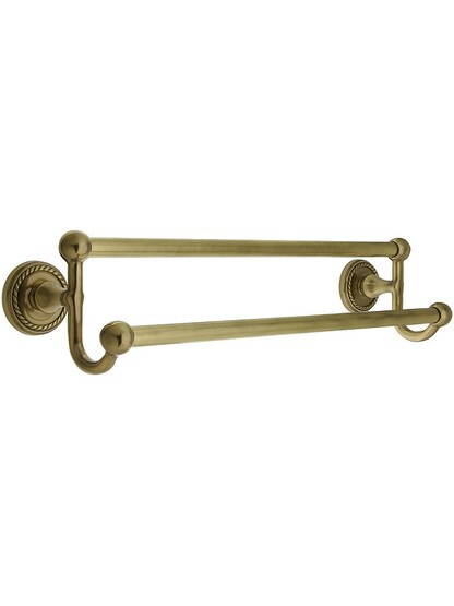 18 inch Brass Double Towel Bar with Rope Rosettes in Antique Brass.